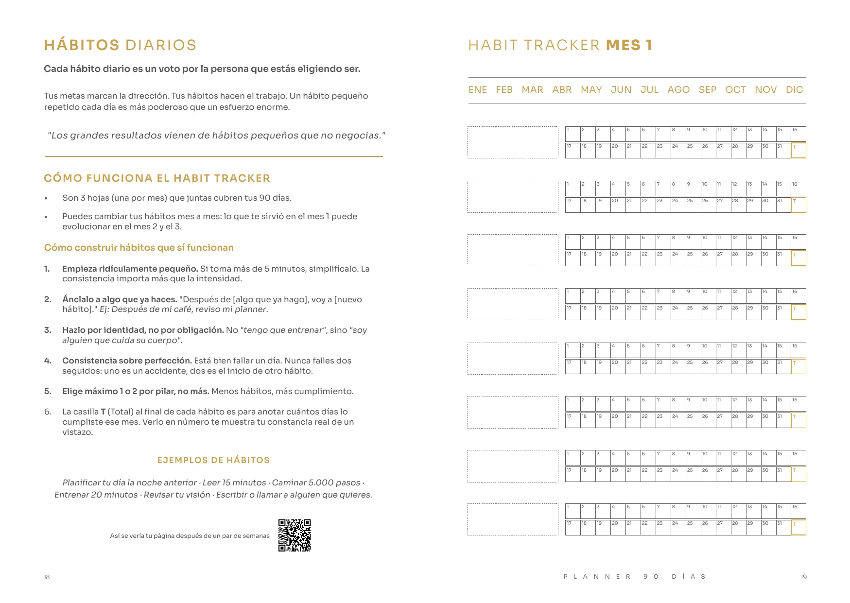 Hábitos diarios y habit tracker del mes 1, páginas 18 y 19